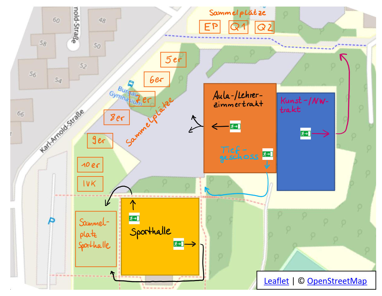 LAgeplan des Burgau-Gymnasiums mit Aufstellorten für Klassen und Stufen im Falle eines Feueralarms