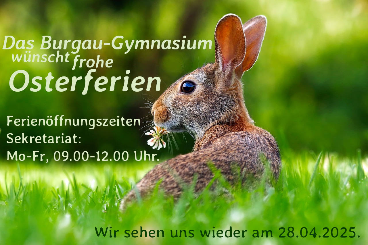 Das Burgau-Gymnasium wünscht frohe Osterferien. Ferienöffnungszeiten Sekretariat: Mo-Fr, 09.00-12.00 Uhr. Wir sehen uns wieder am 28.04.2025.