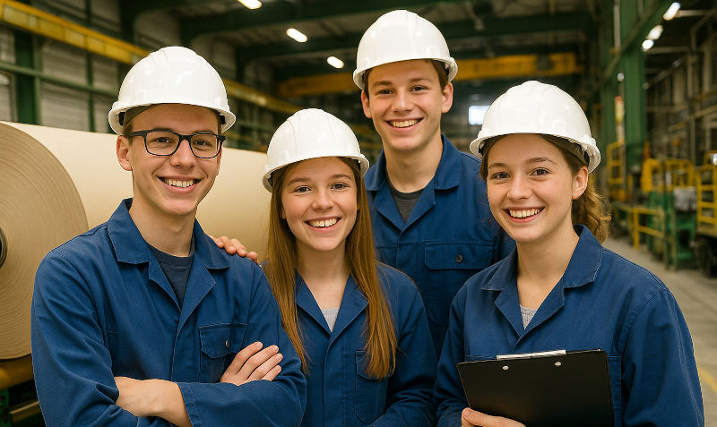 KI-generiertes Bild: Schüler*innen in Papierfabrik